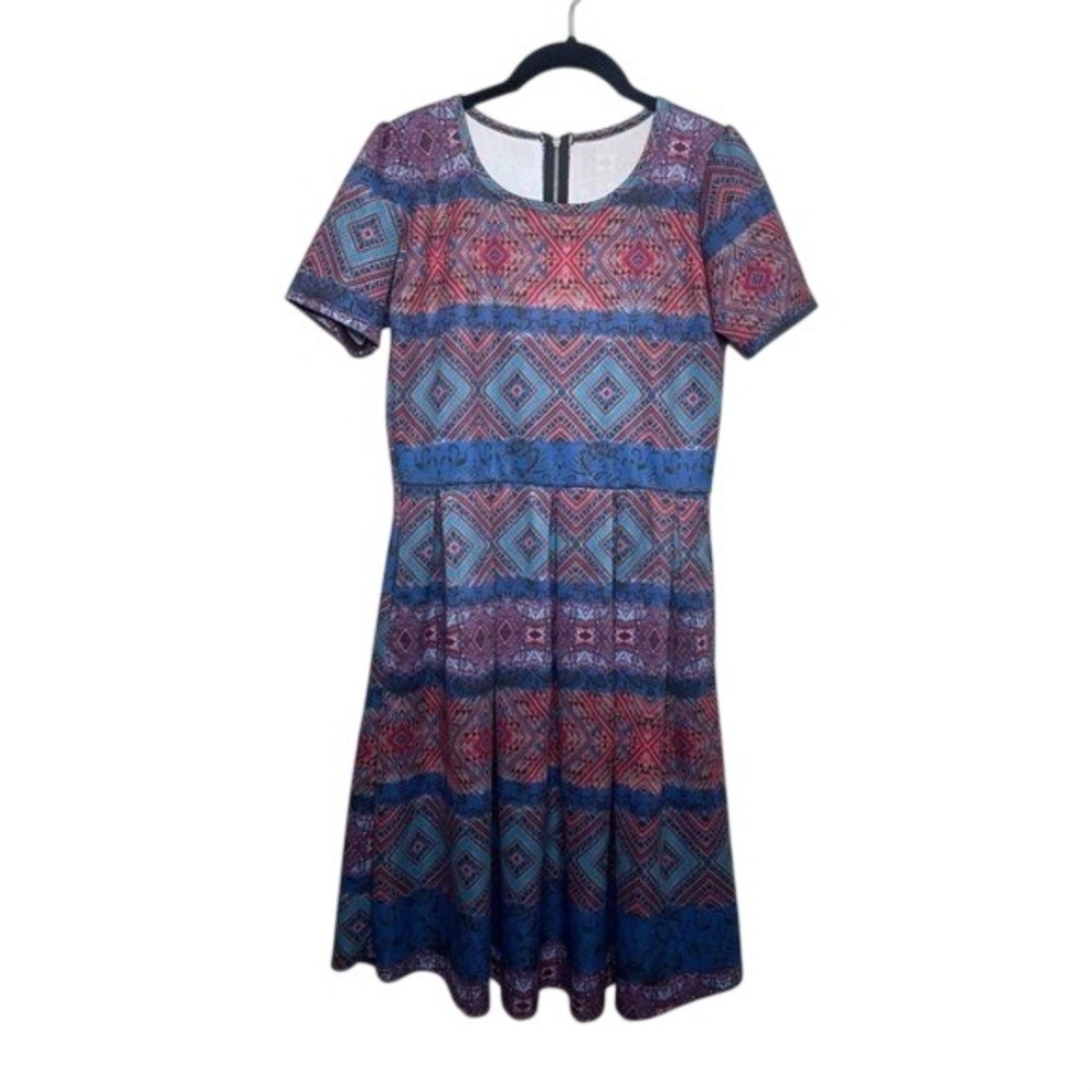 LuLaRoe Amelia Dress Blue Red Purple Geometric Tribal Print Short Sleeve Small